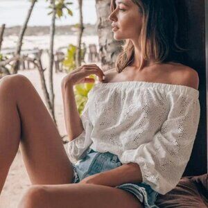 ASTR the Label Elodie Off Shoulder Eyelet Bodysuit White